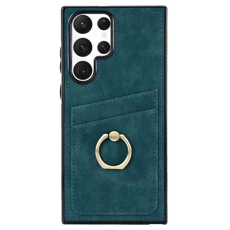 Pour Samsung Galaxy S24 Ultra Coque de téléphone cellulaire Anneau support Revêtement en cuir PU Couverture TPU - Vert