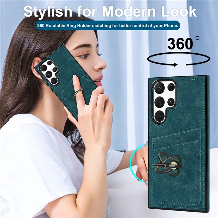 Pour Samsung Galaxy S24 Ultra Coque de téléphone cellulaire Anneau support Revêtement en cuir PU Couverture TPU - Vert