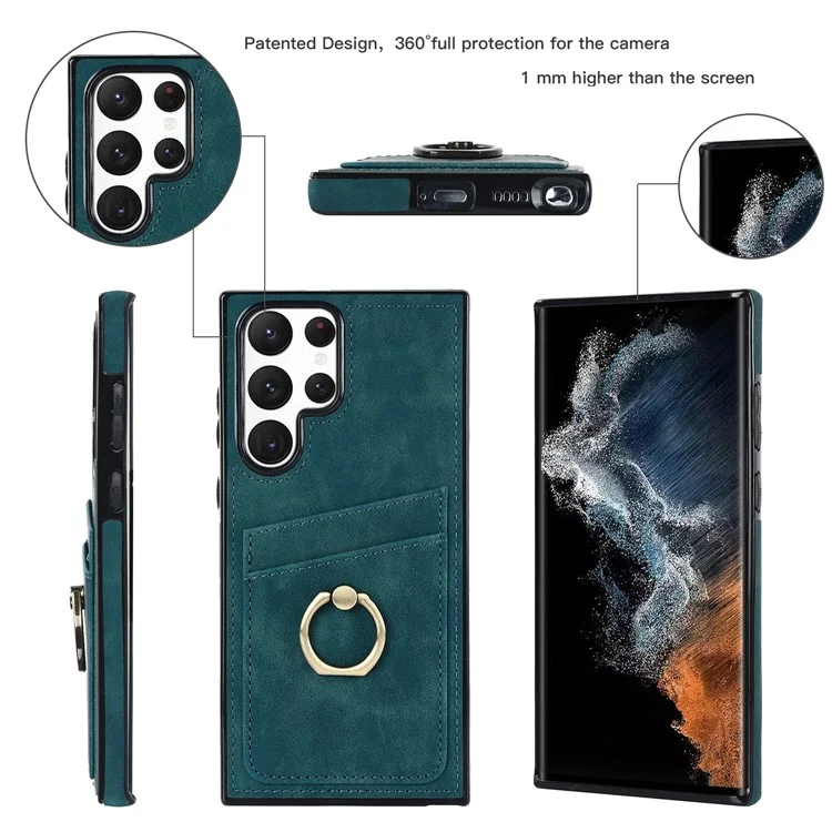 Pour Samsung Galaxy S24 Ultra Coque de téléphone cellulaire Anneau support Revêtement en cuir PU Couverture TPU - Vert