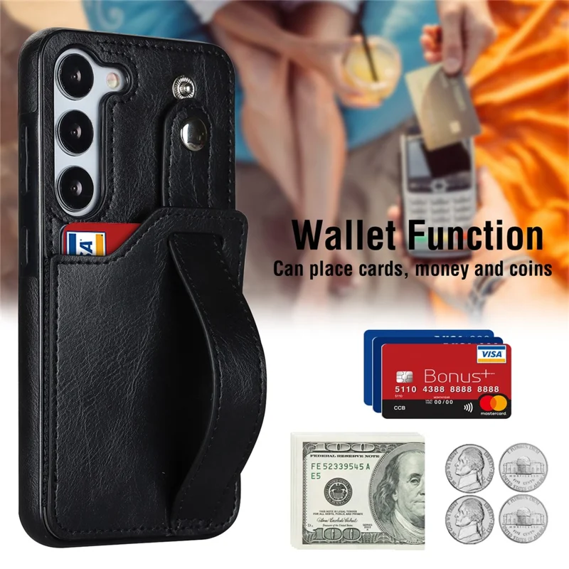 For Samsung Galaxy S23 FE Case Anti-scratch RFID Blocking Wristband Kickstand Phone Cover - Black