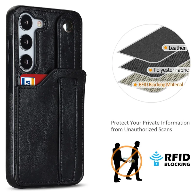 For Samsung Galaxy S23 FE Case Anti-scratch RFID Blocking Wristband Kickstand Phone Cover - Black