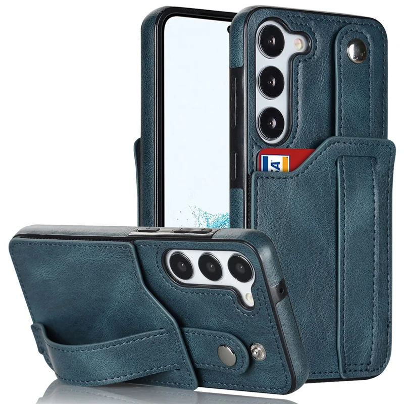 For Samsung Galaxy S24+ Case Retro PU Leather Coated TPU Wristband Kickstand Phone Shell - Blue