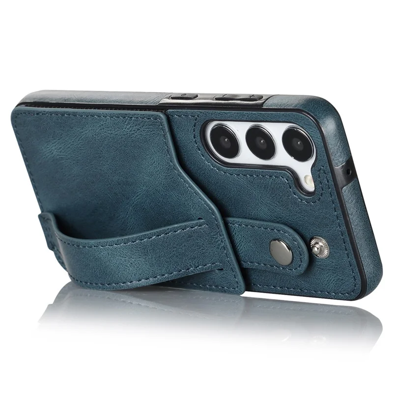 For Samsung Galaxy S24+ Case Retro PU Leather Coated TPU Wristband Kickstand Phone Shell - Blue