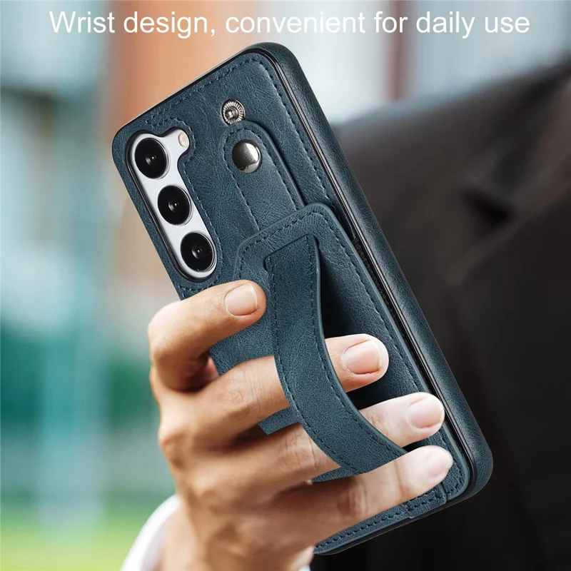 For Samsung Galaxy S24+ Case Retro PU Leather Coated TPU Wristband Kickstand Phone Shell - Blue