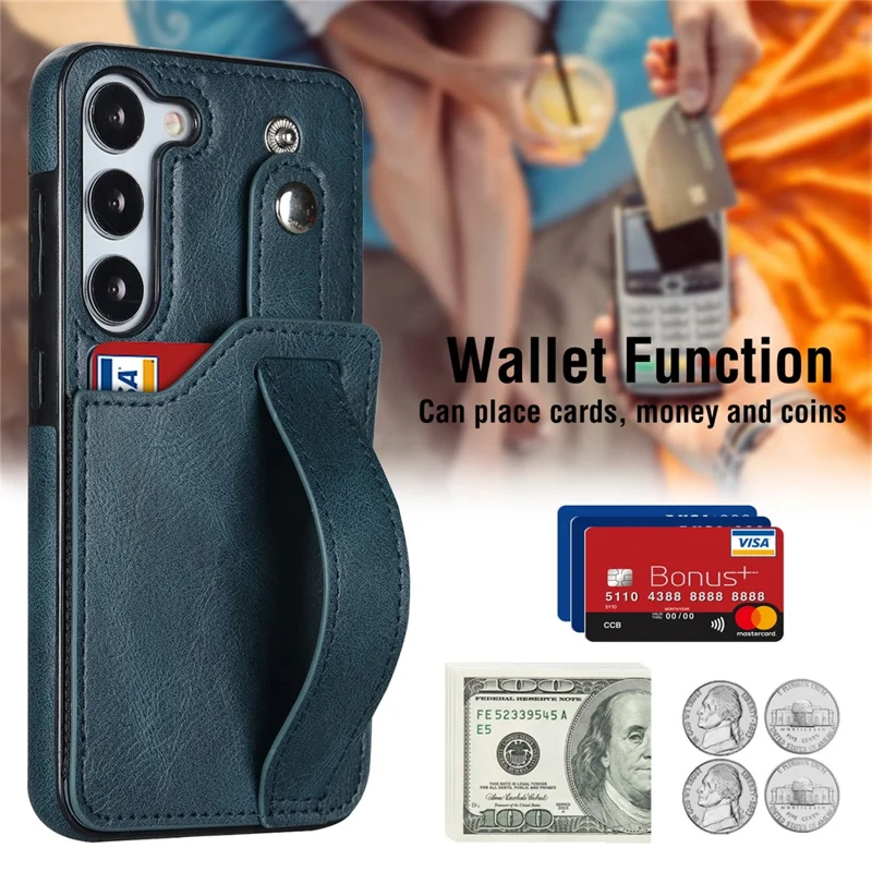 For Samsung Galaxy S24+ Case Retro PU Leather Coated TPU Wristband Kickstand Phone Shell - Blue