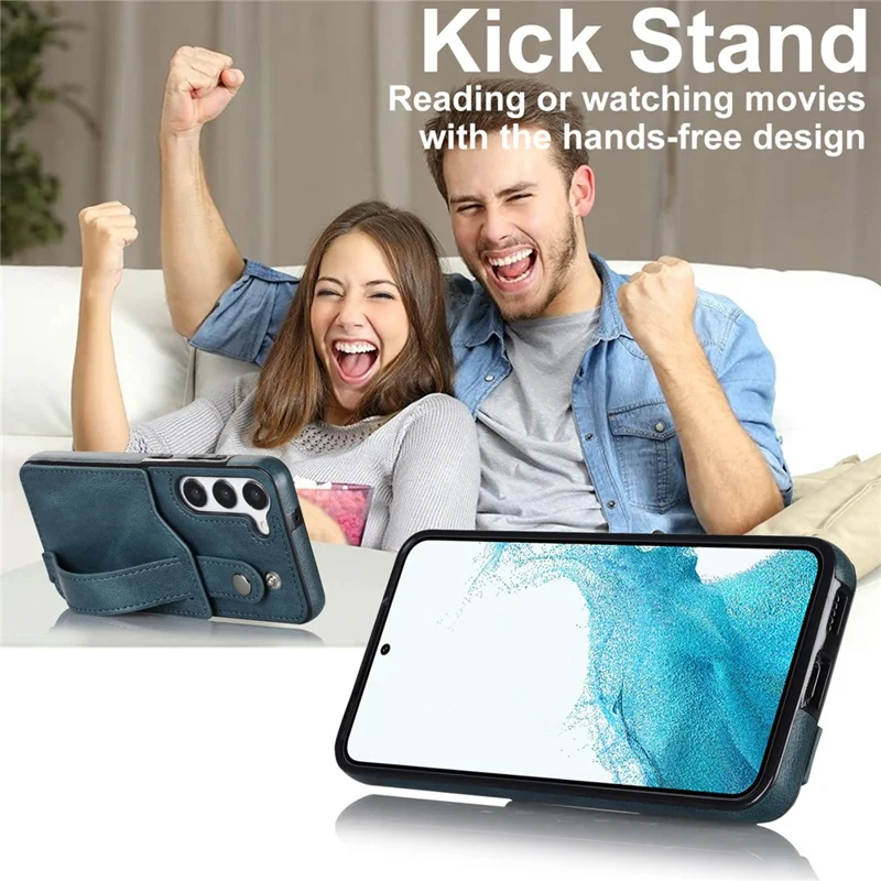 For Samsung Galaxy S24+ Case Retro PU Leather Coated TPU Wristband Kickstand Phone Shell - Blue