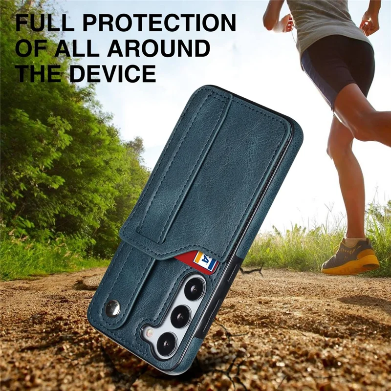 For Samsung Galaxy S24+ Case Retro PU Leather Coated TPU Wristband Kickstand Phone Shell - Blue
