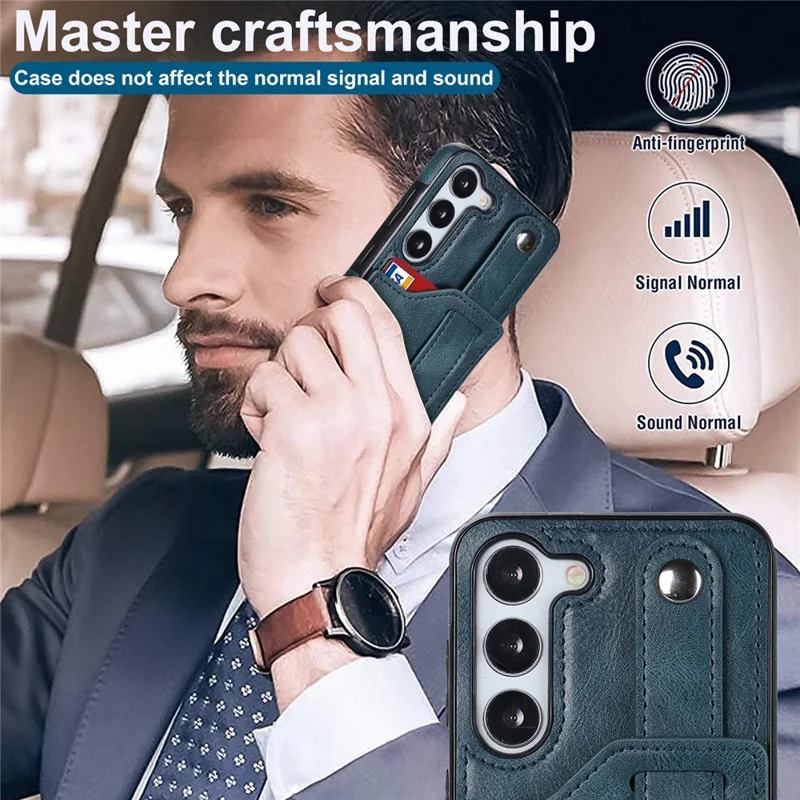 For Samsung Galaxy S24+ Case Retro PU Leather Coated TPU Wristband Kickstand Phone Shell - Blue