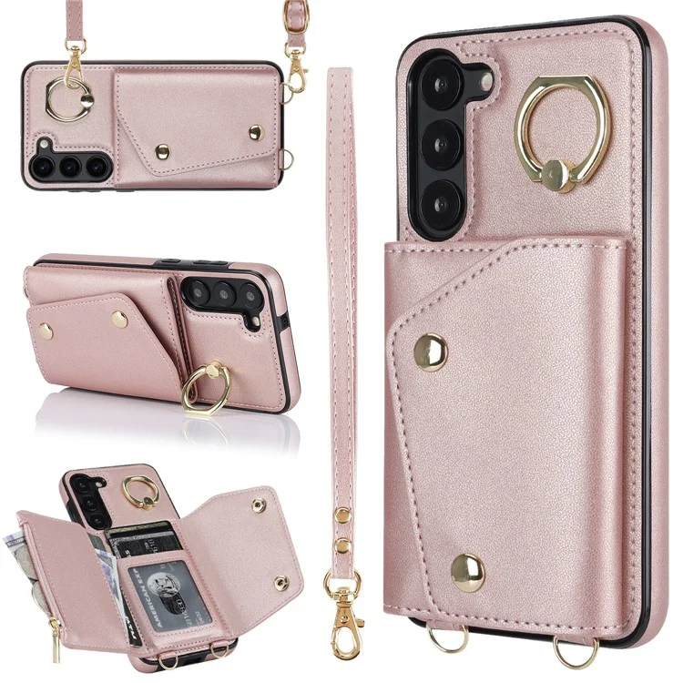Para Samsung Galaxy S24+ Case Zipper Wallet Kickstand Phone Cover com Correia Transversal - Rose Gold