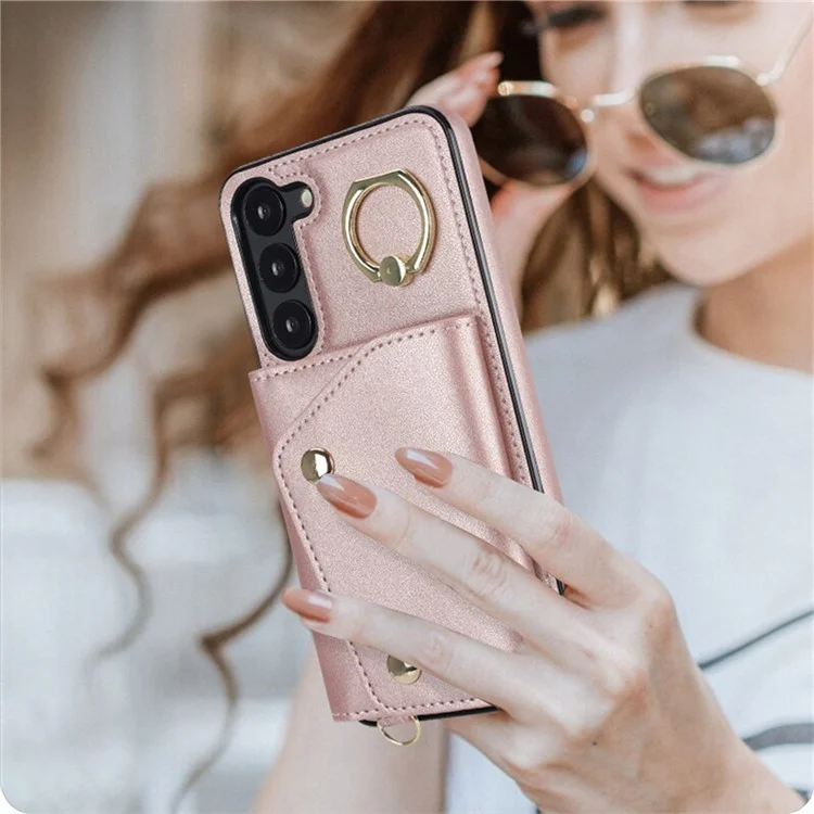 Para Samsung Galaxy S24+ Case Zipper Wallet Kickstand Phone Cover com Correia Transversal - Rose Gold