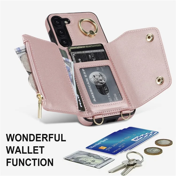 Para Samsung Galaxy S24+ Case Zipper Wallet Kickstand Phone Cover com Correia Transversal - Rose Gold