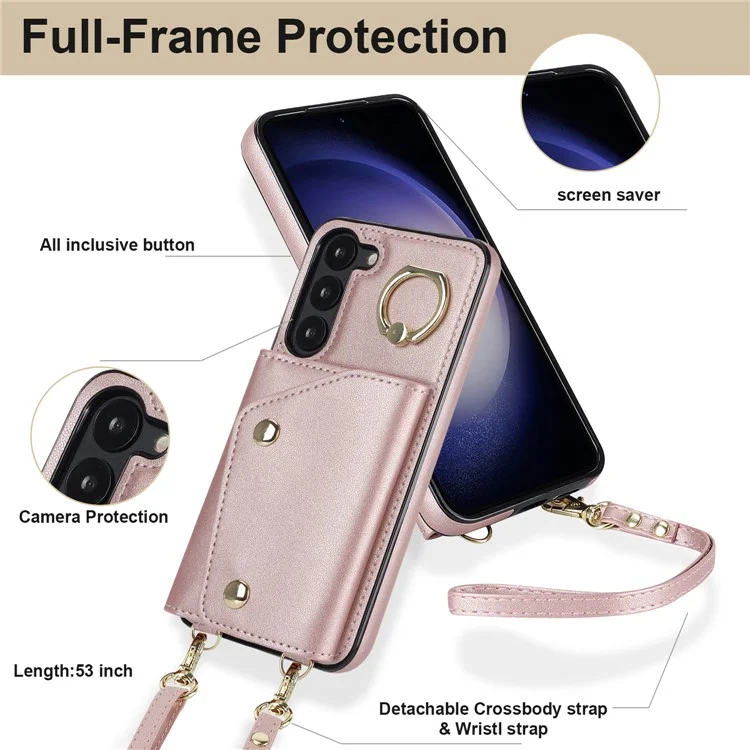 Para Samsung Galaxy S24+ Case Zipper Wallet Kickstand Phone Cover com Correia Transversal - Rose Gold