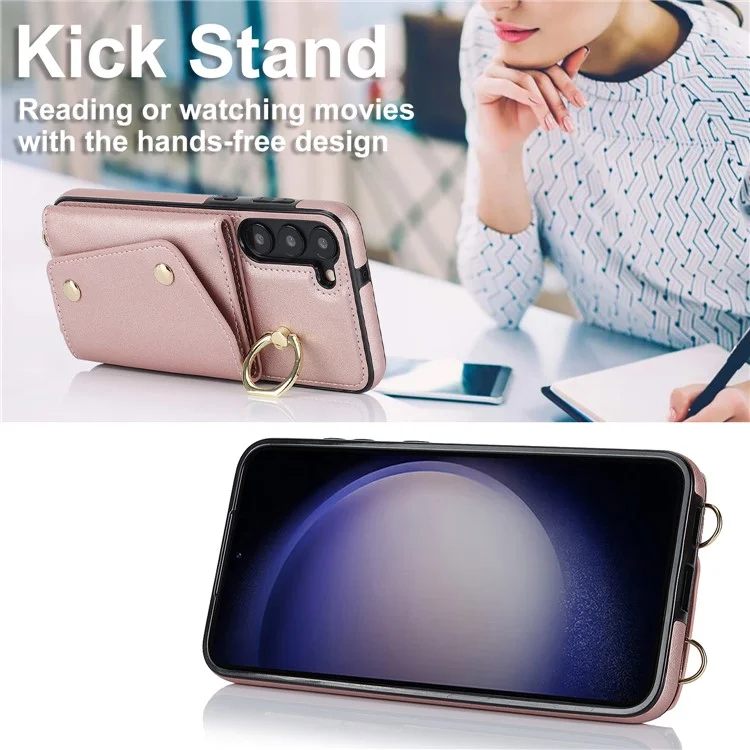 Para Samsung Galaxy S24+ Case Zipper Wallet Kickstand Phone Cover com Correia Transversal - Rose Gold