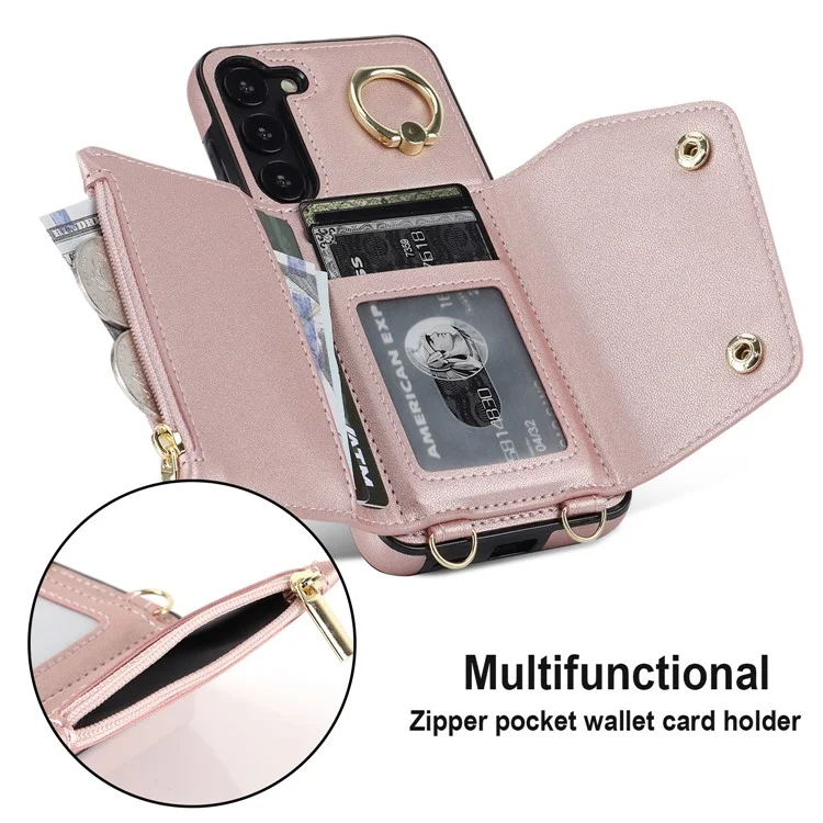 Para Samsung Galaxy S24+ Case Zipper Wallet Kickstand Phone Cover com Correia Transversal - Rose Gold