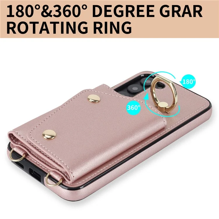 Para Samsung Galaxy S24+ Case Zipper Wallet Kickstand Phone Cover com Correia Transversal - Rose Gold