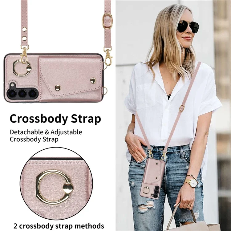 Para Samsung Galaxy S24+ Case Zipper Wallet Kickstand Phone Cover com Correia Transversal - Rose Gold