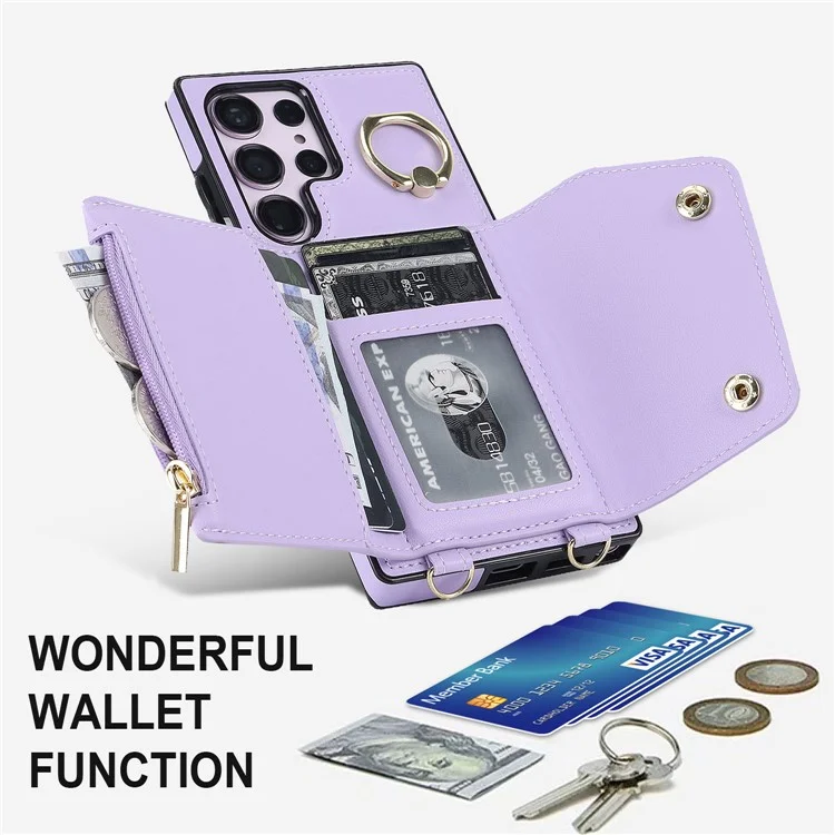 Para Samsung Galaxy S24 Ultra Case Wallet Zipper Anti-scratch PU Leather+TPU Phone Protector - Roxo