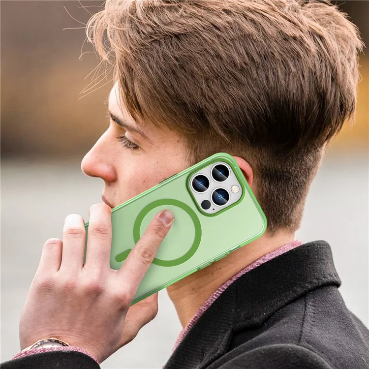 For iPhone 13 Pro Translucent Matte Back Cover Magnetic Phone Case - Fluorescent Green
