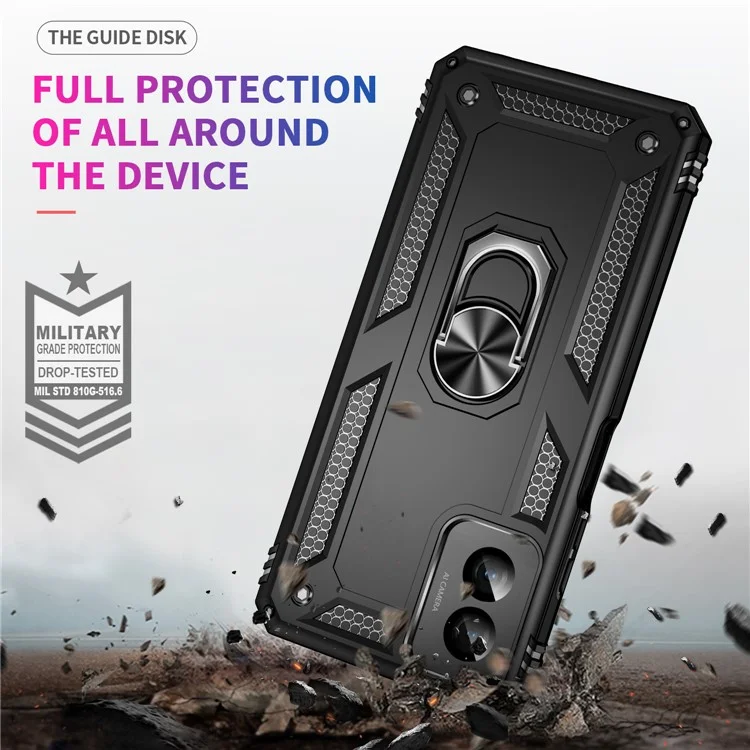 Für Motorola Moto G Power (2024) Hülle Ring-Autohalterung Ständer PC+TPU Hybrid-Handyhülle - Schwarz