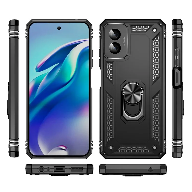 Für Motorola Moto G Power (2024) Hülle Ring-Autohalterung Ständer PC+TPU Hybrid-Handyhülle - Schwarz