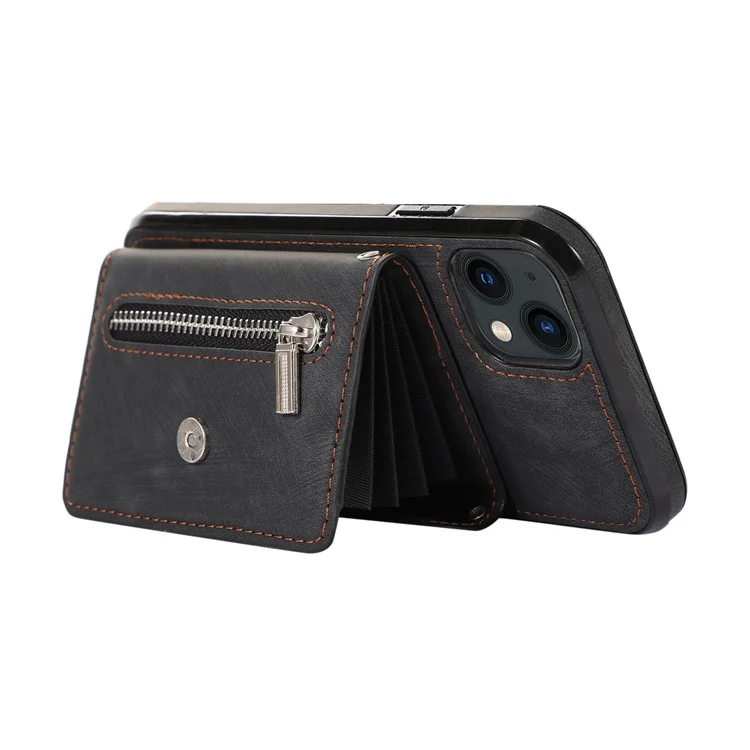 Étui pour iPhone 14 avec poche à fermeture éclair, porte-cartes RFID Blocking en cuir PU + housse de téléphone TPU avec 2 sangles - Noir