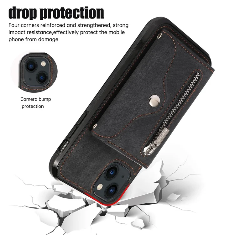 Étui pour iPhone 14 avec poche à fermeture éclair, porte-cartes RFID Blocking en cuir PU + housse de téléphone TPU avec 2 sangles - Noir