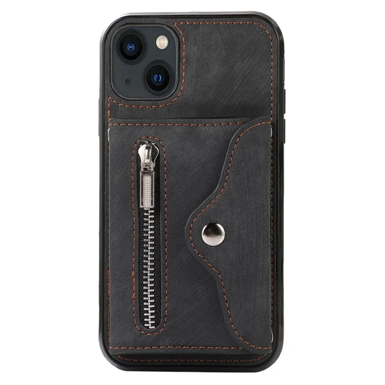 Étui pour iPhone 14 avec poche à fermeture éclair, porte-cartes RFID Blocking en cuir PU + housse de téléphone TPU avec 2 sangles - Noir