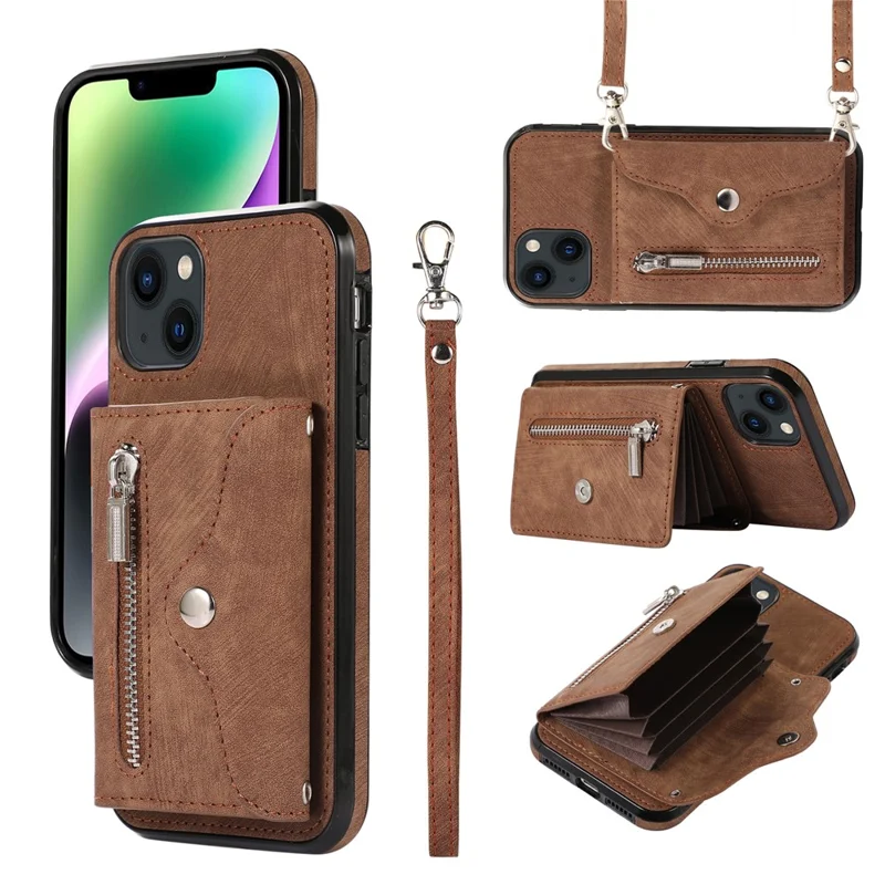 For iPhone 14 Case Zipper Pocket Card Holder RFID Blocking PU Leather + TPU Phone Cover with 2 Straps - Brown