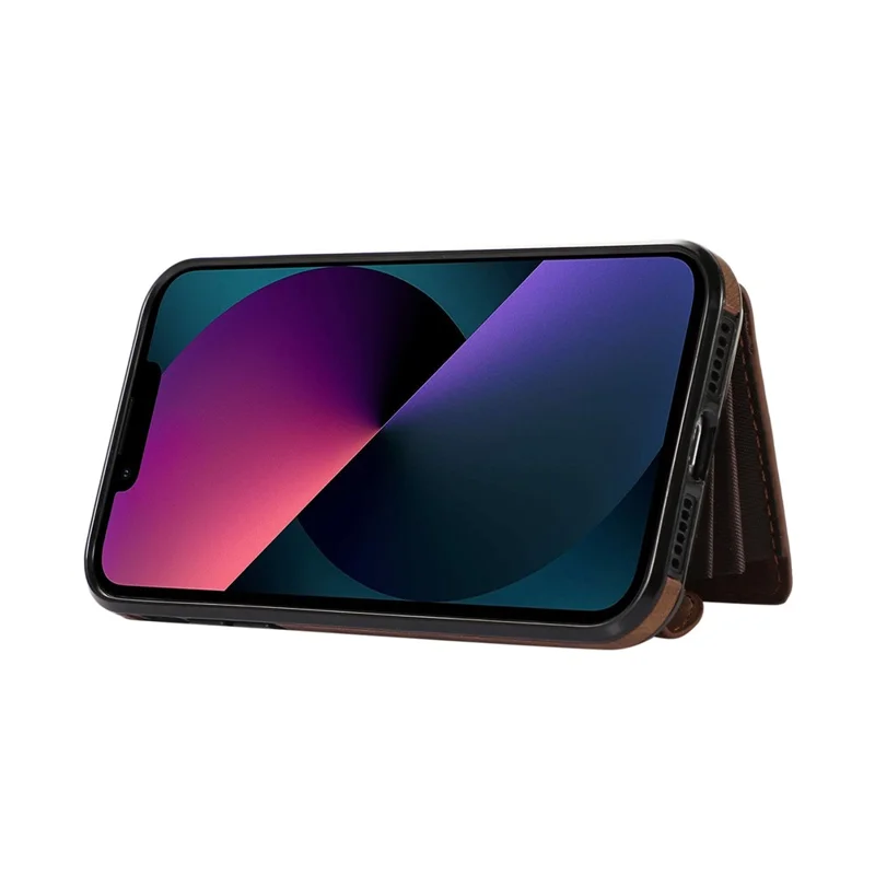 For iPhone 14 Case Zipper Pocket Card Holder RFID Blocking PU Leather + TPU Phone Cover with 2 Straps - Brown