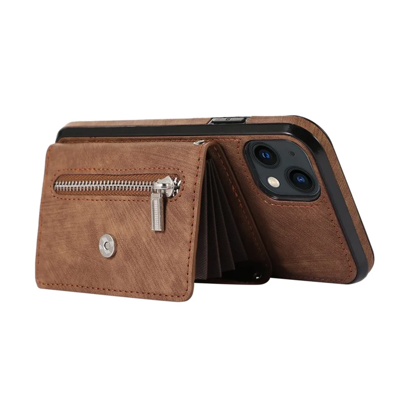 For iPhone 14 Case Zipper Pocket Card Holder RFID Blocking PU Leather + TPU Phone Cover with 2 Straps - Brown