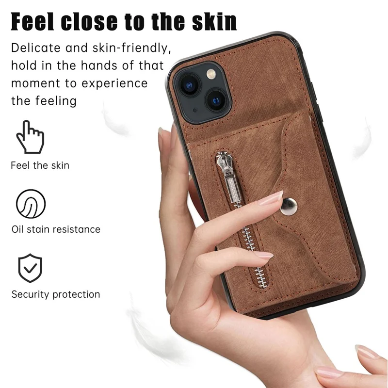 For iPhone 14 Case Zipper Pocket Card Holder RFID Blocking PU Leather + TPU Phone Cover with 2 Straps - Brown