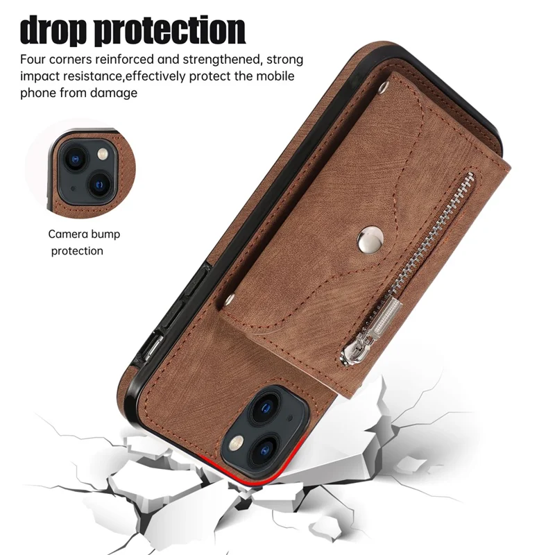 For iPhone 14 Case Zipper Pocket Card Holder RFID Blocking PU Leather + TPU Phone Cover with 2 Straps - Brown