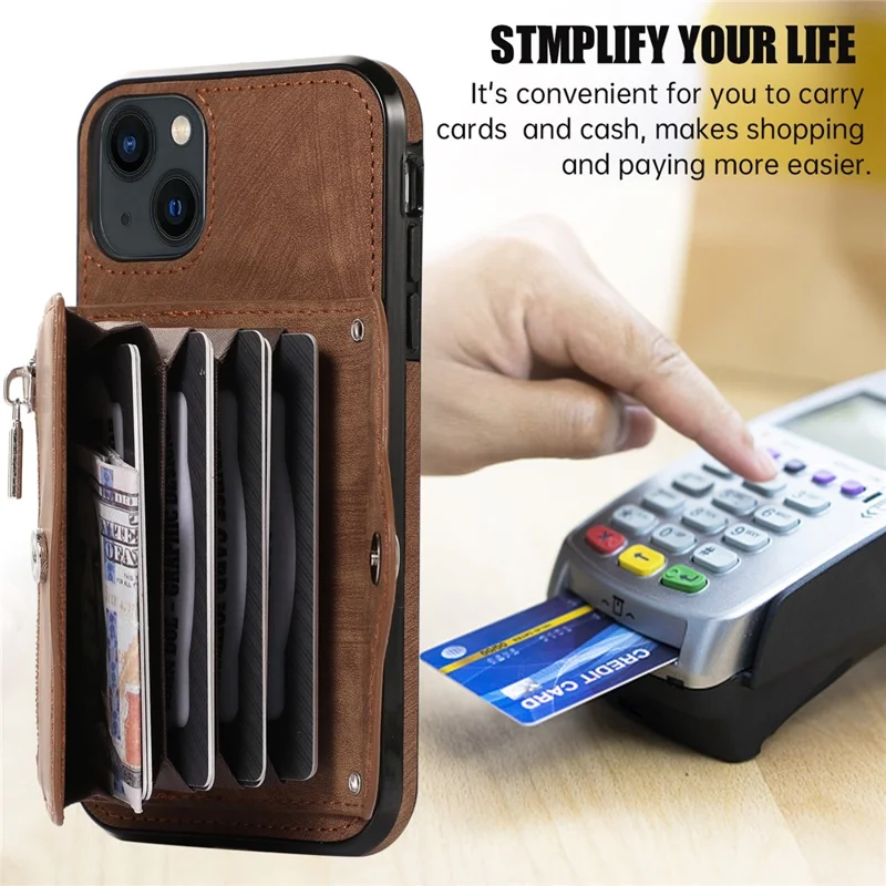 For iPhone 14 Case Zipper Pocket Card Holder RFID Blocking PU Leather + TPU Phone Cover with 2 Straps - Brown