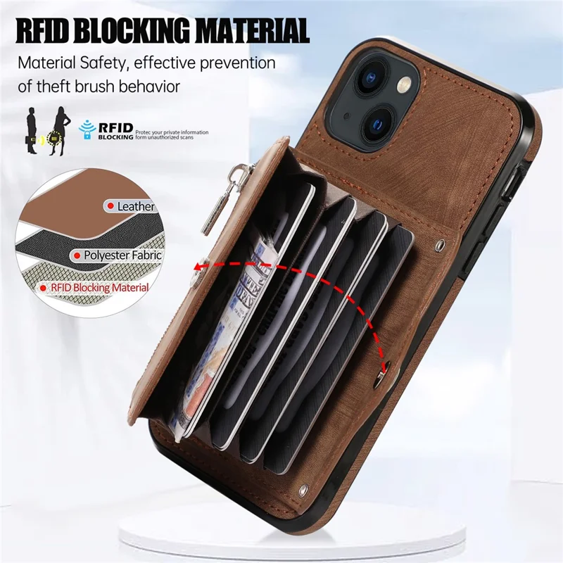 For iPhone 14 Case Zipper Pocket Card Holder RFID Blocking PU Leather + TPU Phone Cover with 2 Straps - Brown