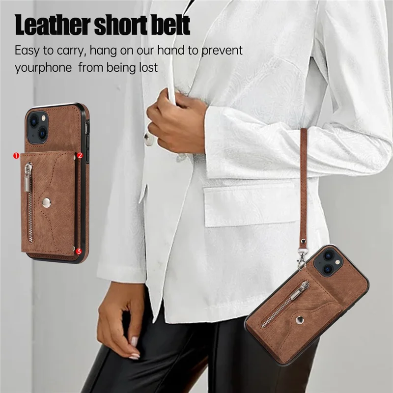 For iPhone 14 Case Zipper Pocket Card Holder RFID Blocking PU Leather + TPU Phone Cover with 2 Straps - Brown