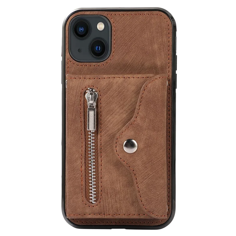 For iPhone 14 Case Zipper Pocket Card Holder RFID Blocking PU Leather + TPU Phone Cover with 2 Straps - Brown