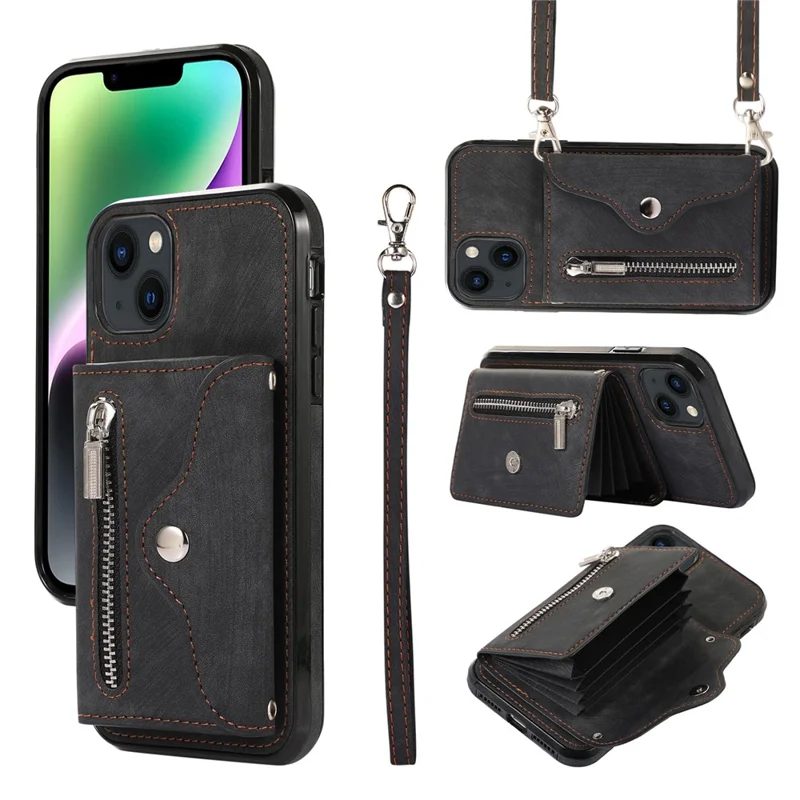For iPhone 14 Plus Cell Phone Case PU Leather+TPU RFID Blocking Card Slots Cover with 2 Straps - Black