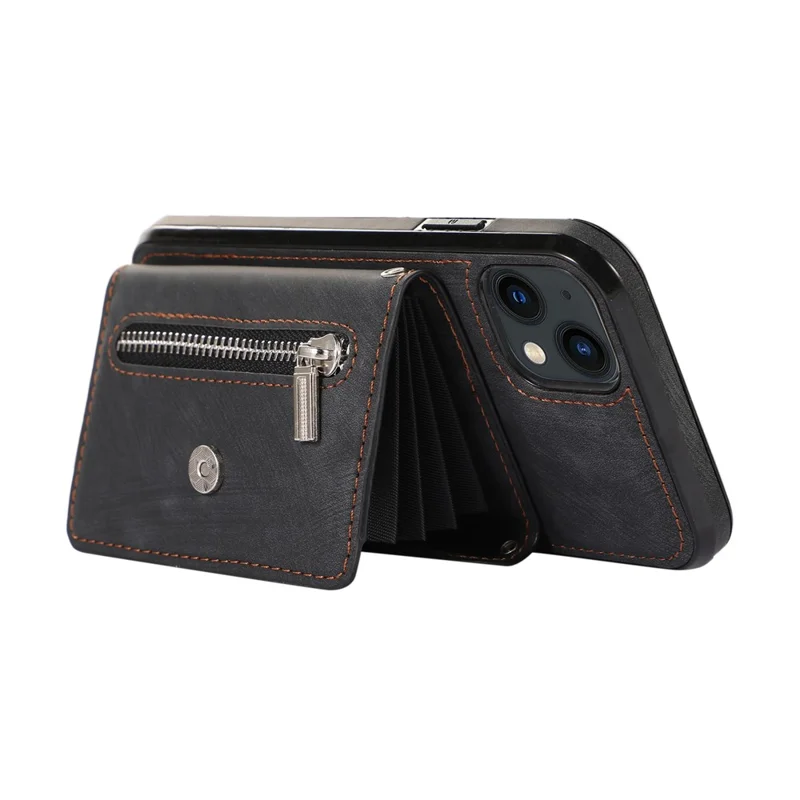 For iPhone 14 Plus Cell Phone Case PU Leather+TPU RFID Blocking Card Slots Cover with 2 Straps - Black