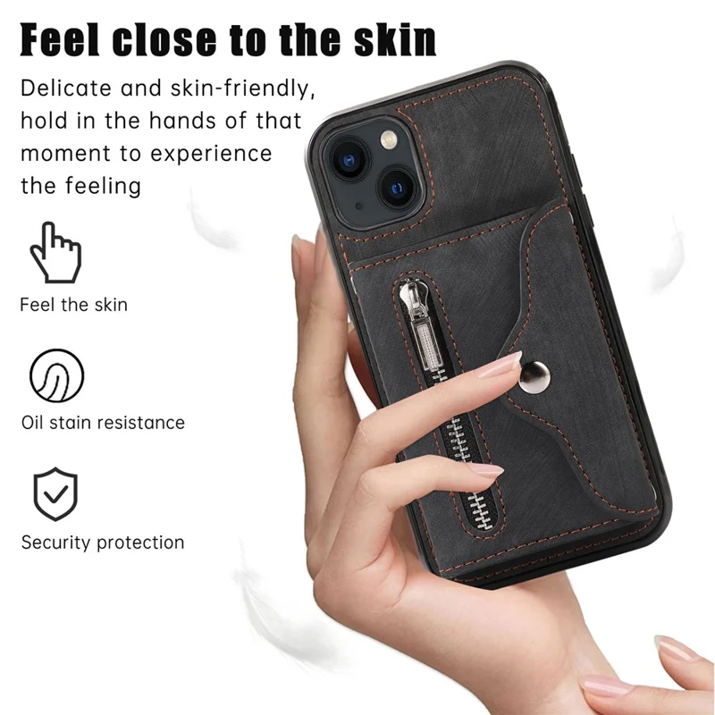 For iPhone 14 Plus Cell Phone Case PU Leather+TPU RFID Blocking Card Slots Cover with 2 Straps - Black