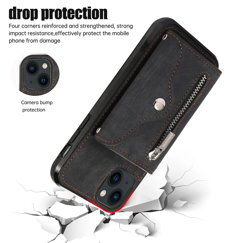 For iPhone 14 Plus Cell Phone Case PU Leather+TPU RFID Blocking Card Slots Cover with 2 Straps - Black