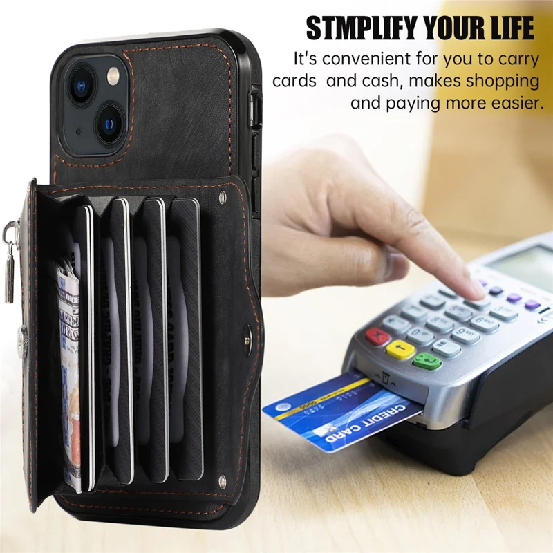 For iPhone 14 Plus Cell Phone Case PU Leather+TPU RFID Blocking Card Slots Cover with 2 Straps - Black