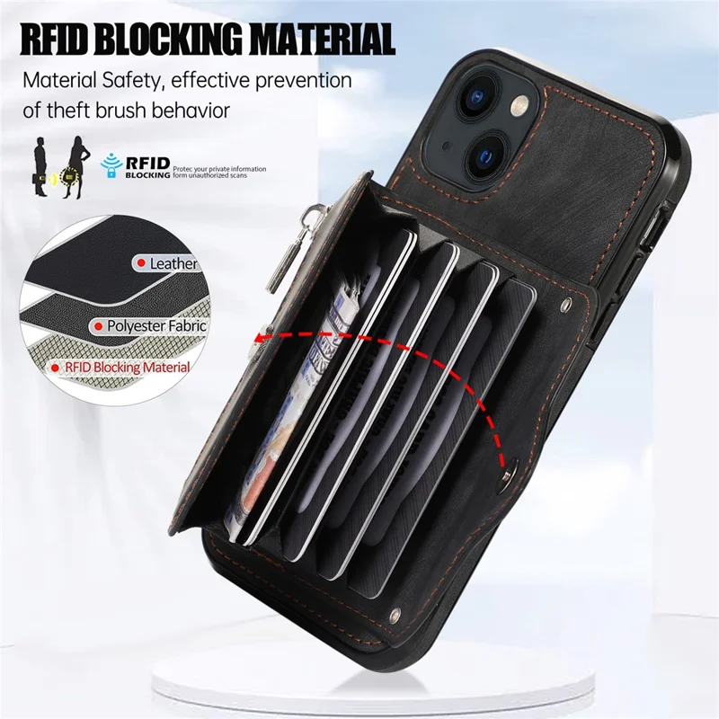 For iPhone 14 Plus Cell Phone Case PU Leather+TPU RFID Blocking Card Slots Cover with 2 Straps - Black