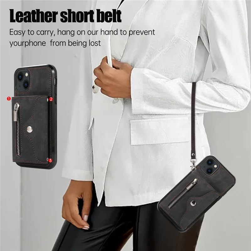 For iPhone 14 Plus Cell Phone Case PU Leather+TPU RFID Blocking Card Slots Cover with 2 Straps - Black