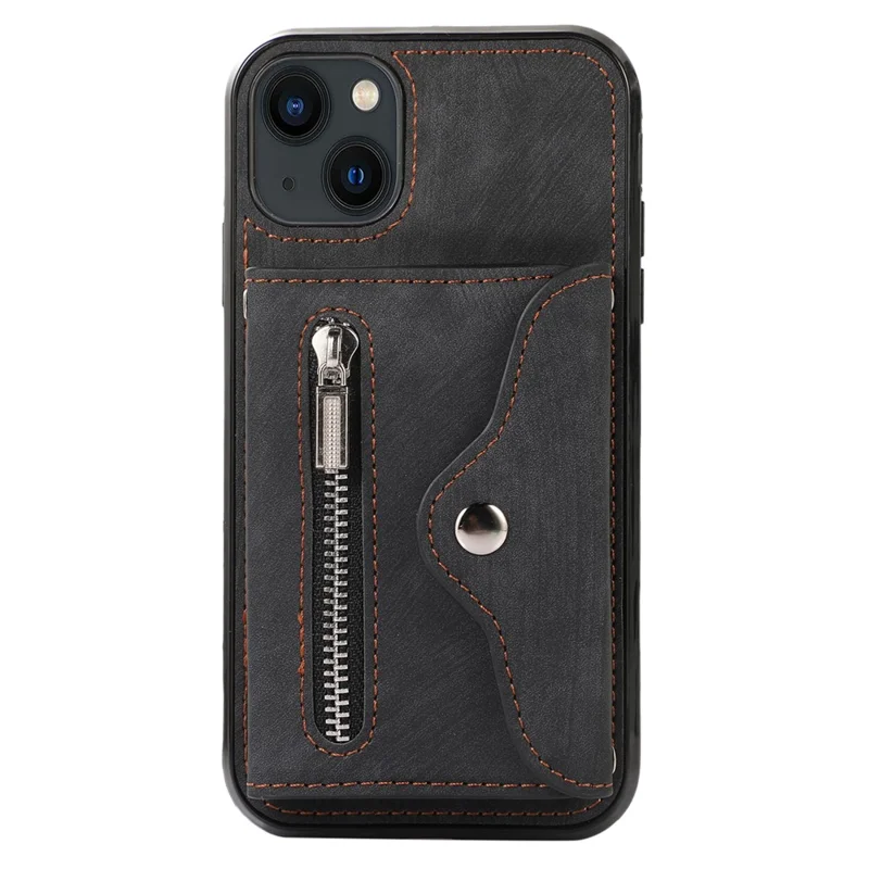 For iPhone 14 Plus Cell Phone Case PU Leather+TPU RFID Blocking Card Slots Cover with 2 Straps - Black