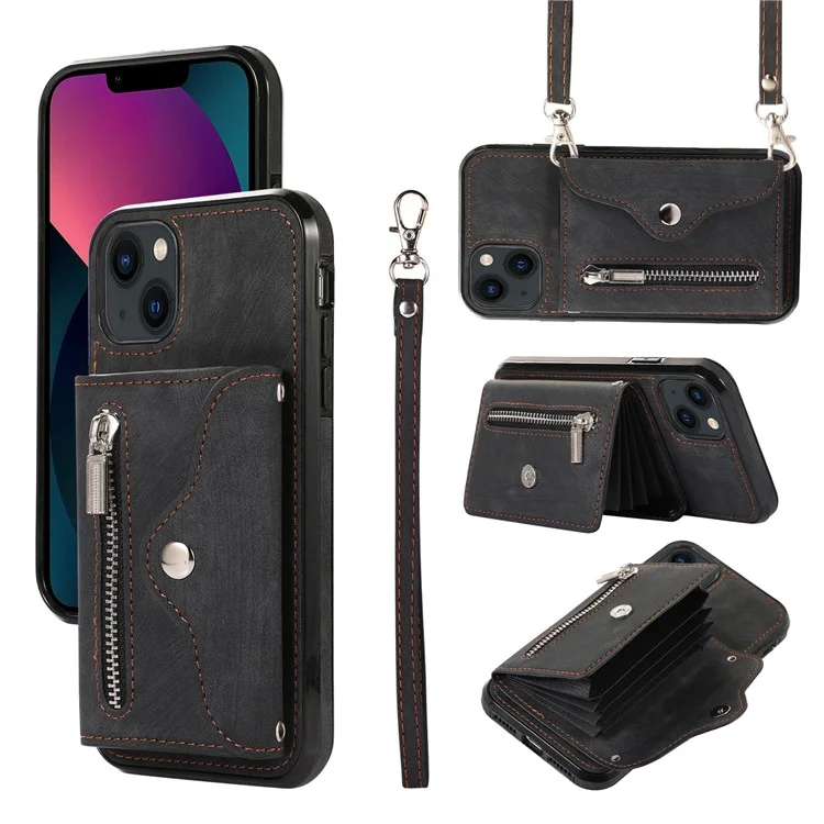 Para iPhone 13 mini 5.4 pulgadas Funda con Bolsillo con Cremallera Piel PU + Tarjeteros RFID Bloqueo con 2 Correas - Negro 