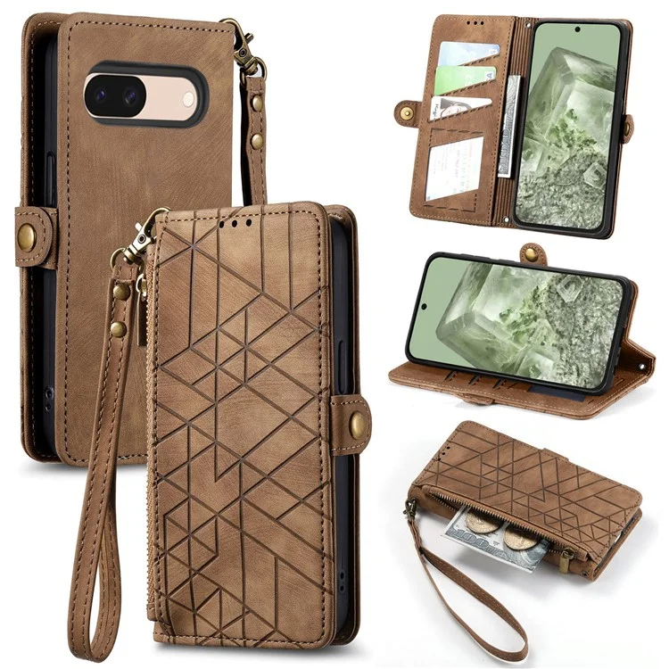 For Google Pixel 8a Zipper Wallet Case Geometry Lines Leather Phone Cover with Strap - Brown