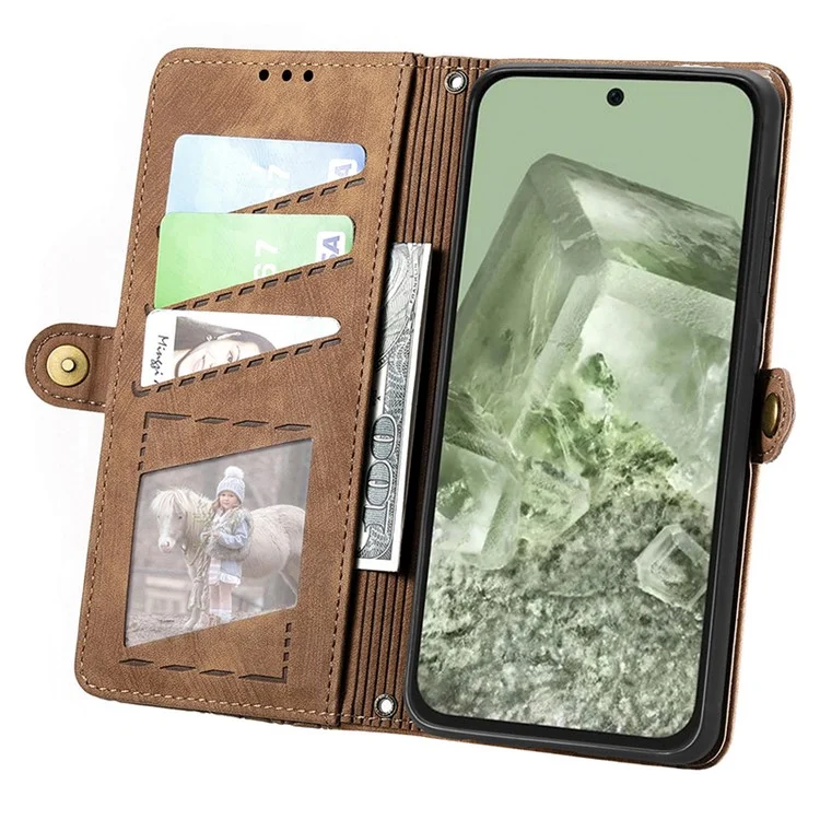 For Google Pixel 8a Zipper Wallet Case Geometry Lines Leather Phone Cover with Strap - Brown