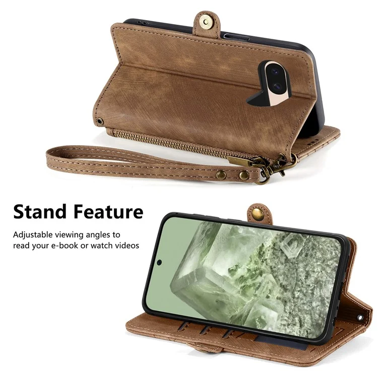 For Google Pixel 8a Zipper Wallet Case Geometry Lines Leather Phone Cover with Strap - Brown