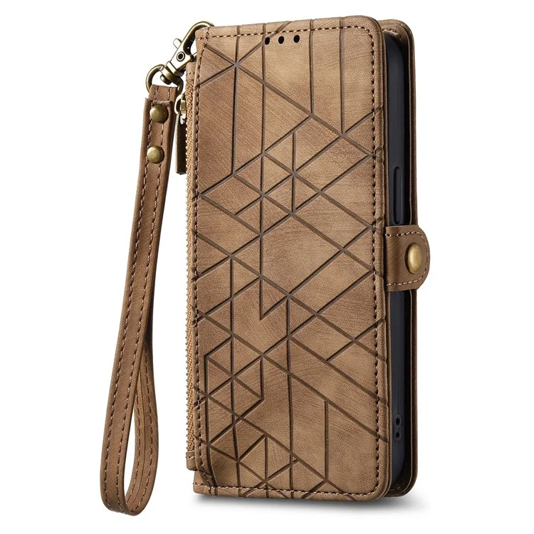 For Google Pixel 8a Zipper Wallet Case Geometry Lines Leather Phone Cover with Strap - Brown