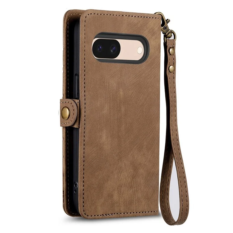 For Google Pixel 8a Zipper Wallet Case Geometry Lines Leather Phone Cover with Strap - Brown